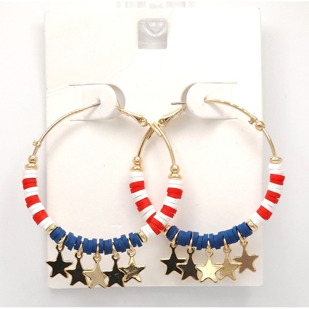 Patriotic Star‎ Hoop Earrings Red White Blue